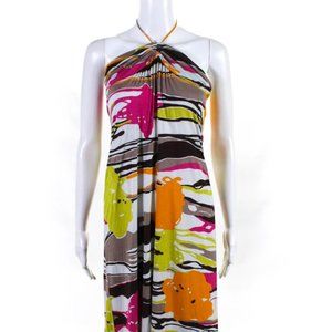 Trina Turk Women Jersey Halter Maxi Dress Pink Green Brown Sz Petite #117